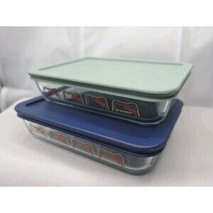 Pyrex Hello Kitty Rectangular Glass Food Storage Light Green Blue Snap Lid Set